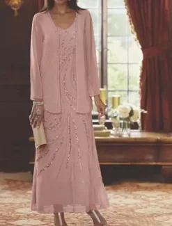 Beach Wedding Two Piece Sheath Mother of the Bride Dress Wedding Guest Elegant Sparkle & Shine V Neck Ankle Length Chiffon Sequined Long Sleeve with Sequin free custom size