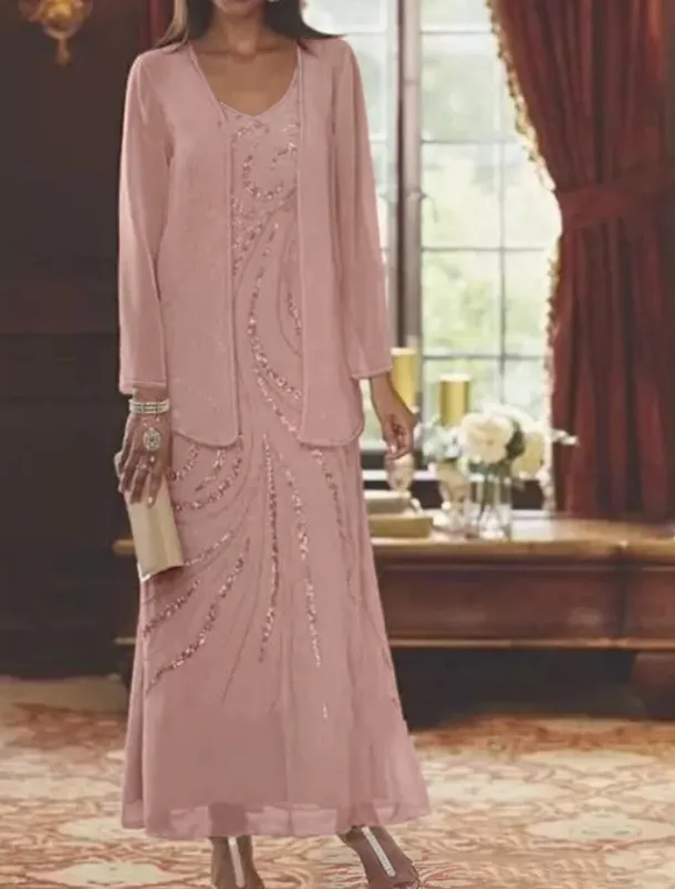 Beach Wedding Two Piece Sheath Mother of the Bride Dress Wedding Guest Elegant Sparkle & Shine V Neck Ankle Length Chiffon Sequined Long Sleeve with Sequin free custom size