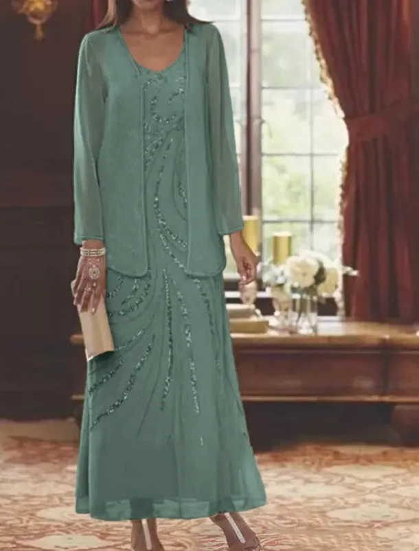 Beach Wedding Two Piece Sheath Mother of the Bride Dress Wedding Guest Elegant Sparkle & Shine V Neck Ankle Length Chiffon Sequined Long Sleeve with Sequin free custom size