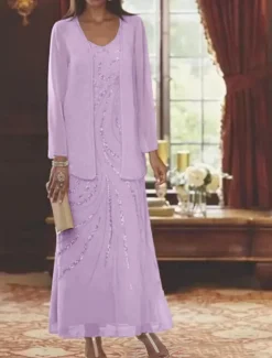 Beach Wedding Two Piece Sheath Mother of the Bride Dress Wedding Guest Elegant Sparkle & Shine V Neck Ankle Length Chiffon Sequined Long Sleeve with Sequin free custom size