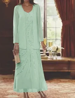 Beach Wedding Two Piece Sheath Mother of the Bride Dress Wedding Guest Elegant Sparkle & Shine V Neck Ankle Length Chiffon Sequined Long Sleeve with Sequin free custom size