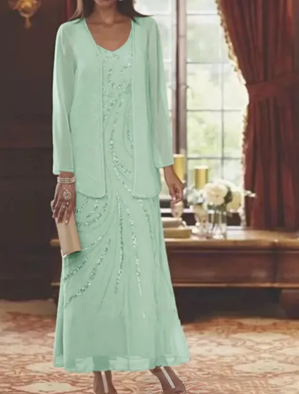 Beach Wedding Two Piece Sheath Mother of the Bride Dress Wedding Guest Elegant Sparkle & Shine V Neck Ankle Length Chiffon Sequined Long Sleeve with Sequin free custom size