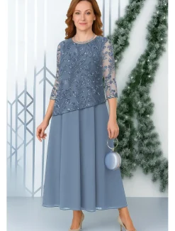 Bead Lace A-Line Mother of the Bride Dress Elegant Poncho Style Simple Minimalist Boat Neck Floor Length Chiffon Beaded Lace 3/4 Length Sleeve