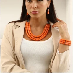 Bead Necklace Bracelet Earings 3 Pcs Retro Vintage 1980s Disco Art Deco Accessories for Women Kings Day Orange Casual Daily