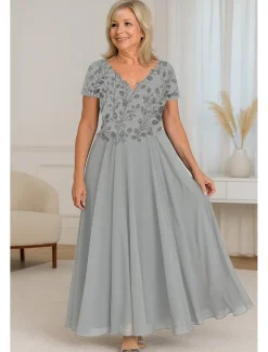 Beaded Lace Two Piece A-Line Mother of the Bride Dress Elegant Simple Luxurious V Neck Floor Length Maxi Length Chiffon Short Sleeve with Stretch Crepe Jacket