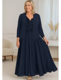 Beaded Lace Two Piece A-Line Mother of the Bride Dress Elegant Simple Luxurious V Neck Floor Length Maxi Length Chiffon Short Sleeve with Stretch Crepe Jacket