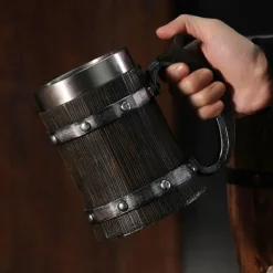 Beer Mugs, Nordic Viking Rune Beer Glasses Large Oak Beer Mug Coffee Mug with Stainless Steel Wood Resin 3D, Mugs for Men, Father's Day Gift