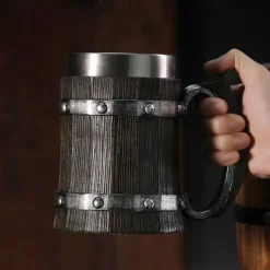 Beer Mugs, Nordic Viking Rune Beer Glasses Large Oak Beer Mug Coffee Mug with Stainless Steel Wood Resin 3D, Mugs for Men, Father's Day Gift