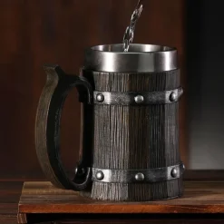 Beer Mugs, Nordic Viking Rune Beer Glasses Large Oak Beer Mug Coffee Mug with Stainless Steel Wood Resin 3D, Mugs for Men, Father's Day Gift