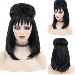 Beetlejuice 2 Lydia Deetz Cosplay Costume Party Wig Bride Fluffy Buns Curly Women'S Black Medium Long Straight Beetle Wig With Bangs Carnival Costume Accessories Halloween Wigs