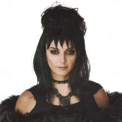 Beetlejuice 2 Lydia Deetz Cosplay Costume Party Wig Bride Fluffy Buns Curly Women'S Black Medium Long Straight Beetle Wig With Bangs Carnival Costume Accessories Halloween Wigs