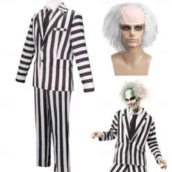 Beetlejuice Outfits Suits & Blazers Stripes Men's for Halloween Carnival Performance Party Adults' With Costume Wigs