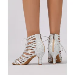 Beige Crystal-Embellished Lace-Up Dance Boots for Women – Rhinestone Detailed Design, Open-Toe, Ideal for Dance Events, Performances, and Special Occasions