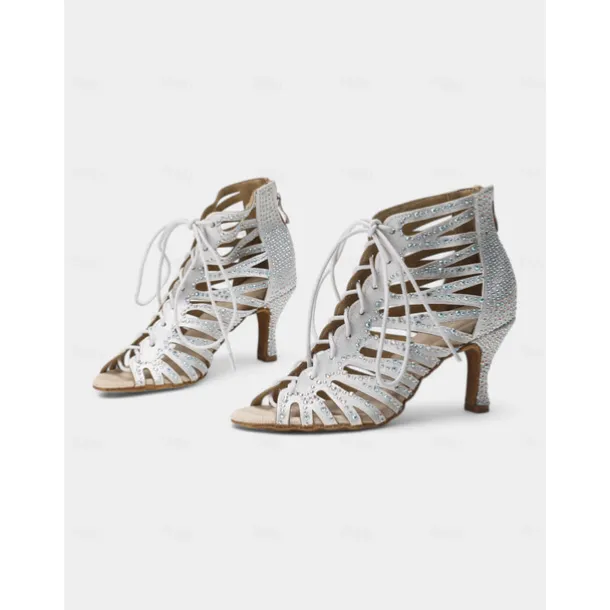 Beige Crystal-Embellished Lace-Up Dance Boots for Women – Rhinestone Detailed Design, Open-Toe, Ideal for Dance Events, Performances, and Special Occasions