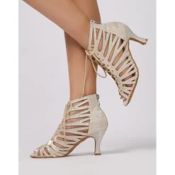 Beige Crystal-Embellished Lace-Up Dance Boots for Women – Rhinestone Detailed Design, Open-Toe, Ideal for Dance Events, Performances, and Special Occasions