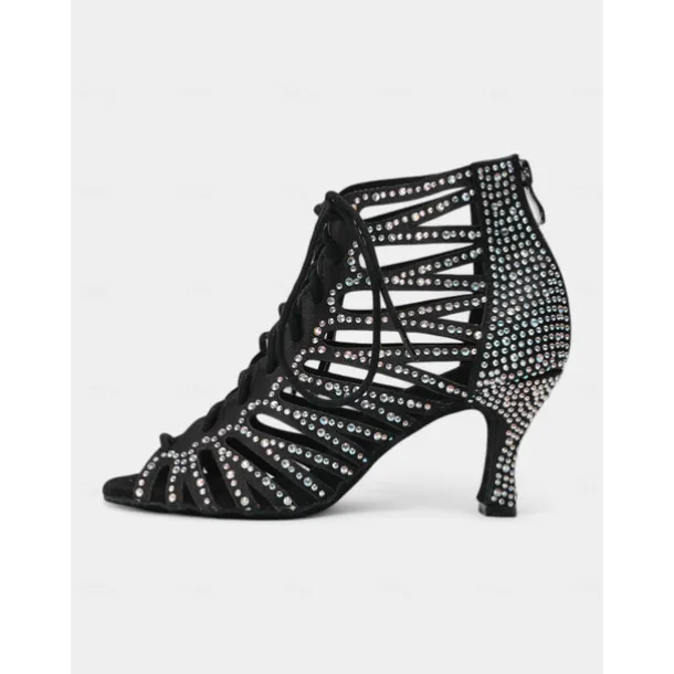 Beige Crystal-Embellished Lace-Up Dance Boots for Women – Rhinestone Detailed Design, Open-Toe, Ideal for Dance Events, Performances, and Special Occasions