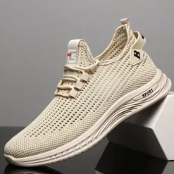 Beige Men's Woven Sneakers with Lace-Up Closure for Breathable and Comfortable Athletic Wear