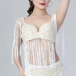 Belly Dance Bra Beading Tassel Pure Color Women's Performance Training Sleeveless High Polyester