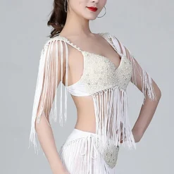 Belly Dance Bra Beading Tassel Pure Color Women's Performance Training Sleeveless High Polyester
