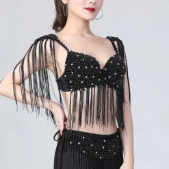 Belly Dance Bra Beading Tassel Pure Color Women's Performance Training Sleeveless High Polyester