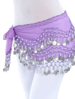 Belly Dance Hip Scarf Coin Beading Sequins Women's Training Chiffon
