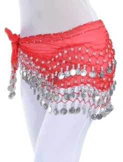 Belly Dance Hip Scarf Coin Beading Sequins Women's Training Chiffon