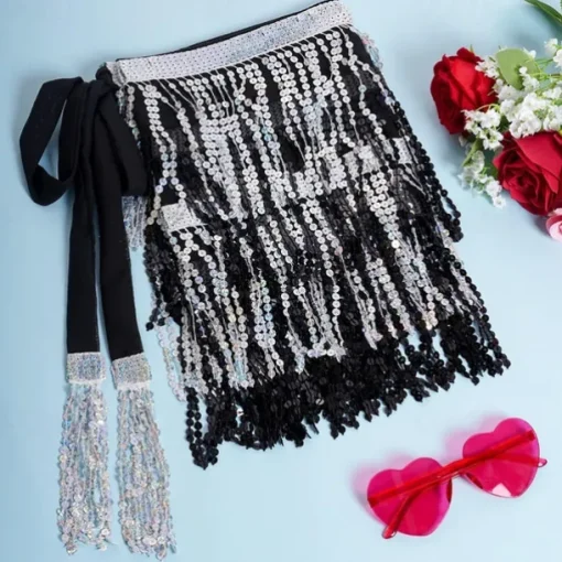 Belly Dance Hip Scarf Sequin Tassel Skirt Wrap Sparkly Costume for Women