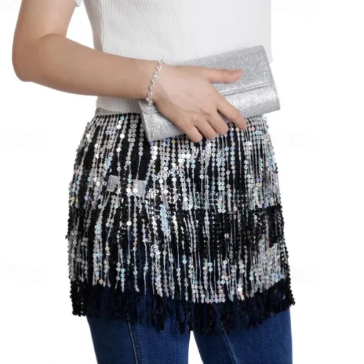 Belly Dance Hip Scarf Sequin Tassel Skirt Wrap Sparkly Costume for Women