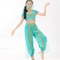 Belly Dance Kids' Dancewear Top Gold Coin Pure Color Splicing Girls' Performance Training Short Sleeve High Polyester