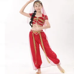 Belly Dance Kids' Dancewear Top Gold Coin Pure Color Splicing Girls' Performance Training Short Sleeve High Polyester