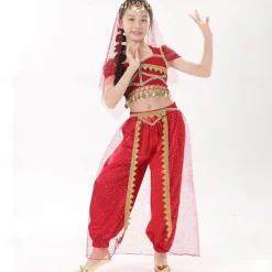 Belly Dance Kids' Dancewear Top Gold Coin Pure Color Splicing Girls' Performance Training Short Sleeve High Polyester