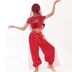 Belly Dance Kids' Dancewear Top Gold Coin Pure Color Splicing Girls' Performance Training Short Sleeve High Polyester