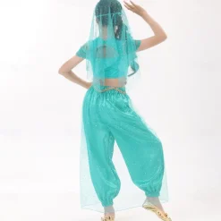 Belly Dance Kids' Dancewear Top Gold Coin Pure Color Splicing Girls' Performance Training Short Sleeve High Polyester