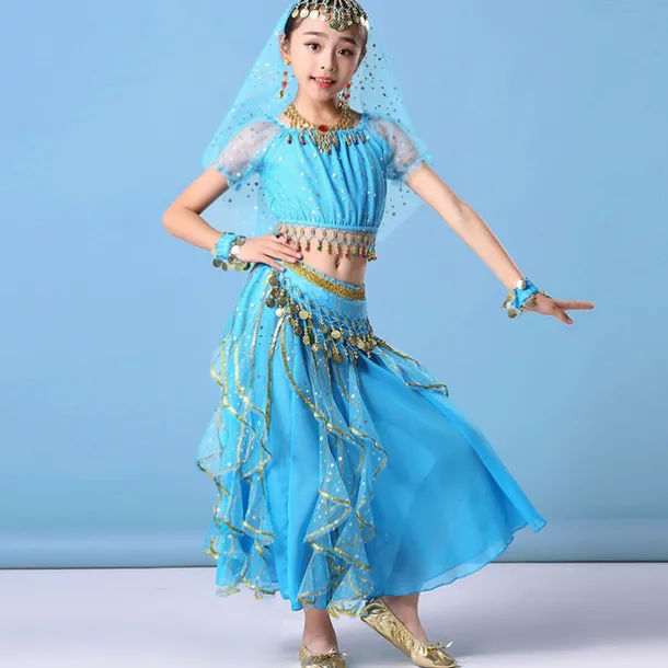 Belly Dance Kids' Dancewear Skirts Gold Coin Tassel Cascading Ruffles Girls' Training Performance Short Sleeve Natural Mesh Chiffon