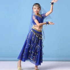 Belly Dance Kids' Dancewear Skirts Gold Coin Tassel Cascading Ruffles Girls' Training Performance Short Sleeve Natural Mesh Chiffon