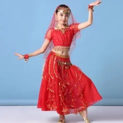 Belly Dance Kids' Dancewear Skirts Gold Coin Tassel Cascading Ruffles Girls' Training Performance Short Sleeve Natural Mesh Chiffon