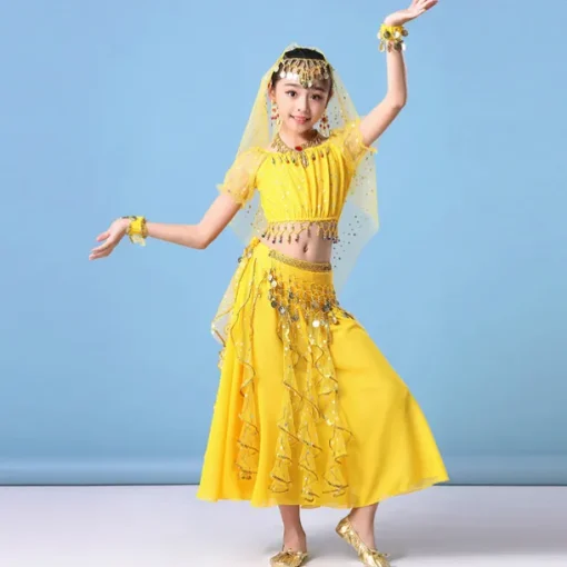Belly Dance Kids' Dancewear Skirts Gold Coin Tassel Cascading Ruffles Girls' Training Performance Short Sleeve Natural Mesh Chiffon