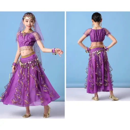 Belly Dance Kids' Dancewear Skirts Gold Coin Tassel Cascading Ruffles Girls' Training Performance Short Sleeve Natural Mesh Chiffon