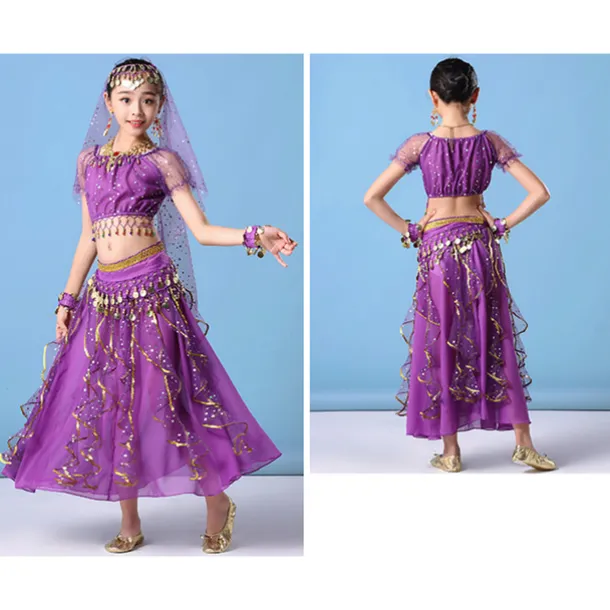 Belly Dance Kids' Dancewear Skirts Gold Coin Tassel Cascading Ruffles Girls' Training Performance Short Sleeve Natural Mesh Chiffon