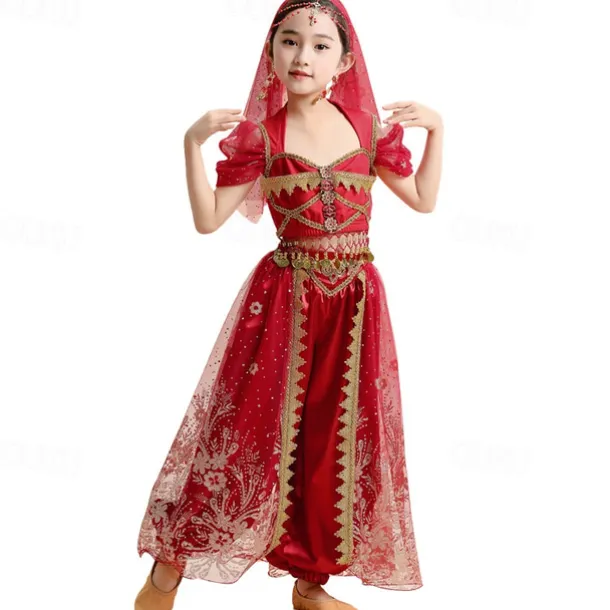 Belly Dance Kids' Dancewear Top Lace Sequins Girls' Performance Theme Party Short Sleeve High Lycra