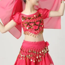 Belly Dance Kids' Dancewear Top Pure Color Splicing Paillette Girls' Performance Training Short Sleeve High Polyester