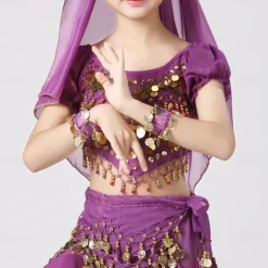 Belly Dance Kids' Dancewear Top Pure Color Splicing Paillette Girls' Performance Training Short Sleeve High Polyester