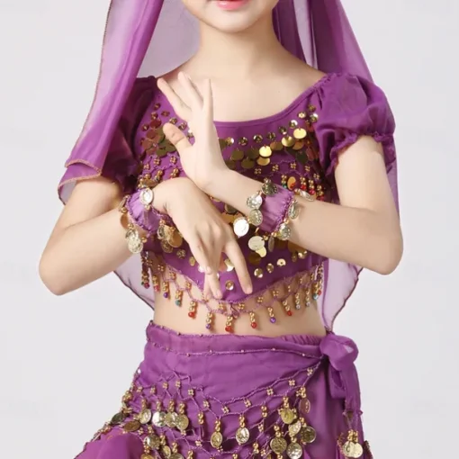 Belly Dance Kids' Dancewear Top Pure Color Splicing Paillette Girls' Performance Training Short Sleeve High Polyester