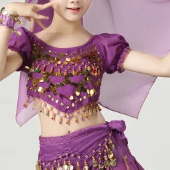 Belly Dance Kids' Dancewear Top Pure Color Splicing Paillette Girls' Performance Training Short Sleeve High Polyester