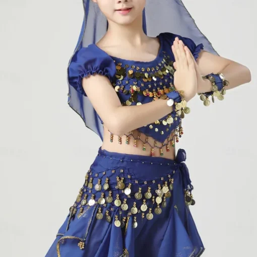Belly Dance Kids' Dancewear Top Pure Color Splicing Paillette Girls' Performance Training Short Sleeve High Polyester