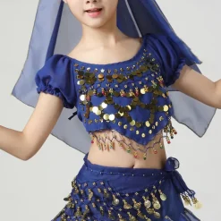 Belly Dance Kids' Dancewear Top Pure Color Splicing Paillette Girls' Performance Training Short Sleeve High Polyester