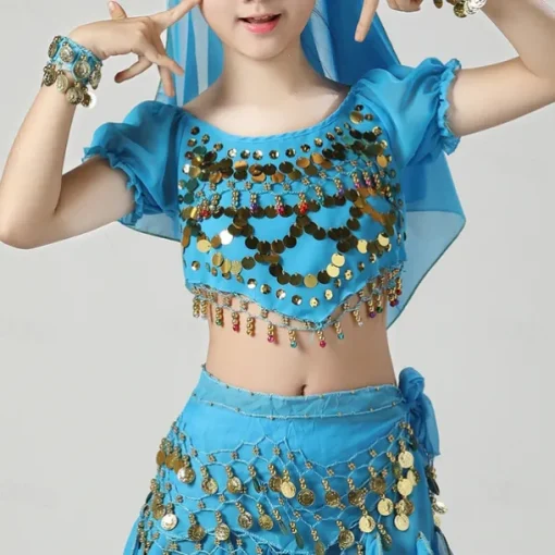 Belly Dance Kids' Dancewear Top Pure Color Splicing Paillette Girls' Performance Training Short Sleeve High Polyester
