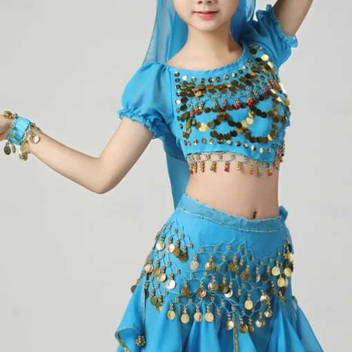 Belly Dance Kids' Dancewear Top Pure Color Splicing Paillette Girls' Performance Training Short Sleeve High Polyester