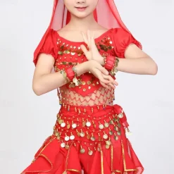 Belly Dance Kids' Dancewear Top Pure Color Splicing Paillette Girls' Performance Training Short Sleeve High Polyester