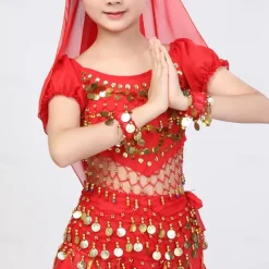 Belly Dance Kids' Dancewear Top Pure Color Splicing Paillette Girls' Performance Training Short Sleeve High Polyester